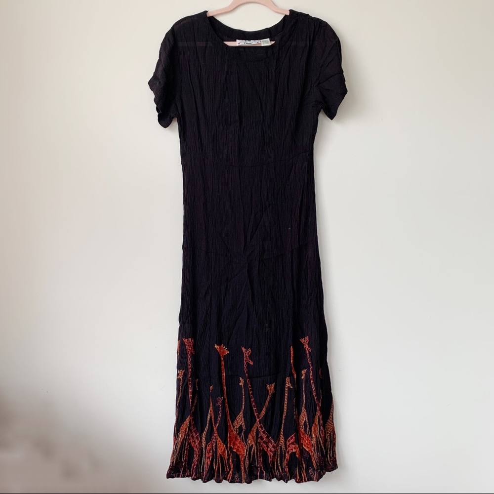 Orvis Vintage Maxi Dress Crinkle Fabric Giraffe Motif Black Size Small